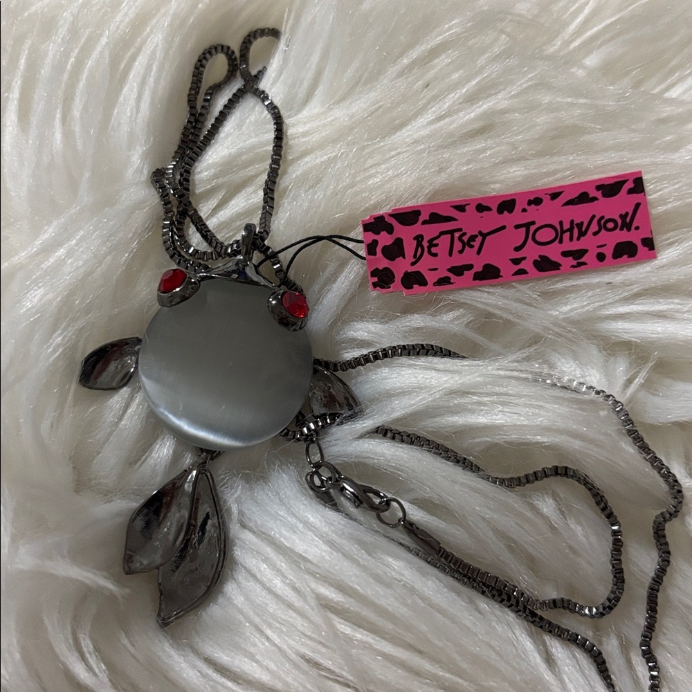 Betsey Johnson Dark Silver Fish Pendant Necklace with Red Accents
